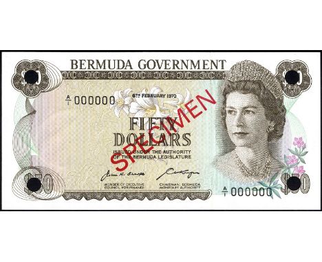 Bermuda P 27s Linzmayer B128as1 Bermuda Government 50 Dollars 1 March 1976 SPECIMEN. Portrait of Queen Elizabeth II at right 
