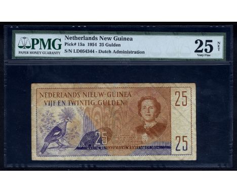 Netherlands New Guinea P 15a Linzmayer B205a Netherlands New-Guinea 25 Gulden 8 December 1954. Crowned pigeon bird at left po