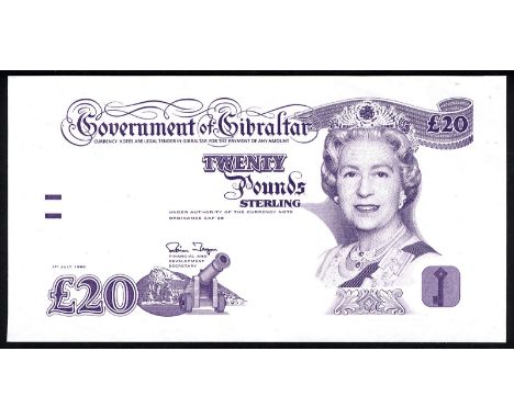 Gibraltar P 31p Linzmayer B129 Government of Gibraltar 20 Pounds ND FRONT AND BACK PROOF. Rock of Gibraltar and canon at lowe