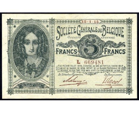 Belgium NBBB-8 P 88 Société Générale de Belgique 5 Francs 8 January 1915. Portrait of Queen Louise-Marie at left on front. Si