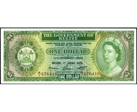 Belize P 33b Linzmayer B101b The Government of Belize 1 Dollar 1 June 1975. Coat of arms of Belize at left portrait of Queen 