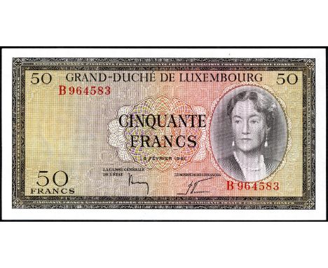 Luxembourg P 51 Grand Duché de Luxembourg 50 Francs 6 February 1961. Portrait of Grand Duchess Charlotte at right on front. L