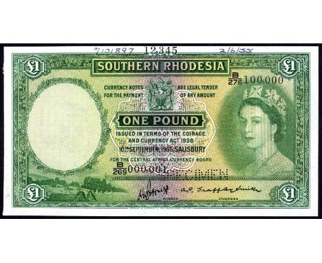 Southern Rhodesia P 17s Linzmayer B202a1s Central Africa Currency Board 1 Pound 10 September 1955 SPECIMEN. Coat of arms of R