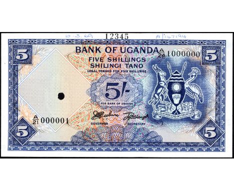 Uganda P 1s Linzmayer B101 Bank of Uganda 5 Shillings -1966 SPECIMEN. Coat of arms of Uganda at right on front. Signatures Mu