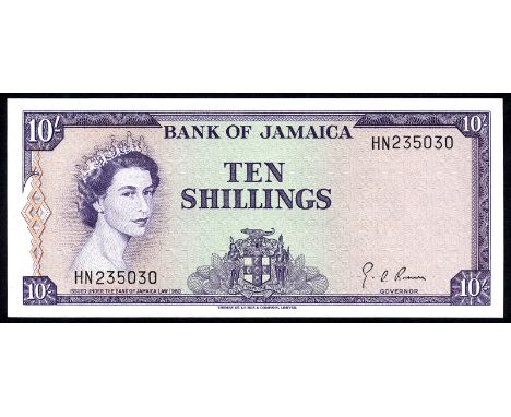 Jamaica P 51Bd Linzmayer B205e Bank of Jamaica 10 Shillings L.1960. Portrait of Queen Elizabeth II at left coat of arms of Ja