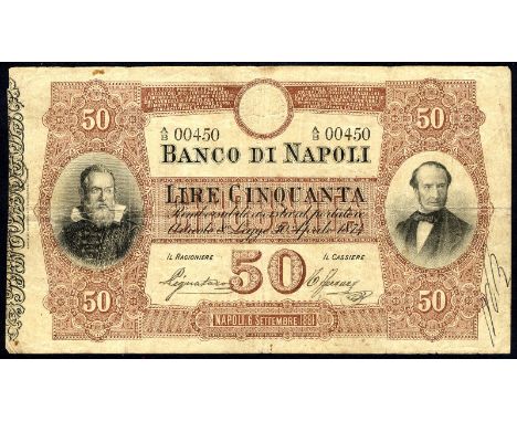 Italian States P S848 Gavello 01.1589 Banco di Napoli 50 Lire 6 September 1881. Portrait of Galileo at left and G. Manna at r