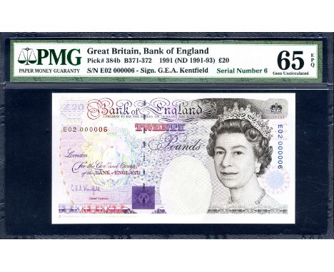 Great Britain P 384b Duggleby B371 Bank of England 20 Pounds 1991 (1991-93) SERIAL NUMBER 000006. Portrait of Queen Elizabeth