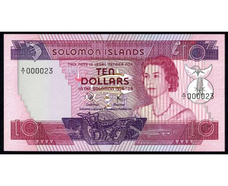 Solomon Islands P 7a Linzmayer B103a Solomon Islands Monetary Authority 10 Dollars -1977 LOW SERIAL NUMBER. Portrait of Queen