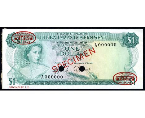 Bahamas P 18as Linzmayer B117as The Bahamas Government 1 Dollar L.1965 SPECIMEN. Portrait of Queen Elizabeth II at left on fr