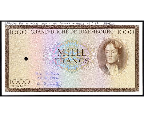 Luxembourg P 52Bp Schneider C43 Grand-Duché de Luxembourg 1 000 Francs ND SEPARATE FRONT AND BACK PROOFS. Portrait of Grand D