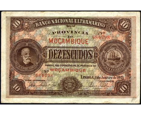 Mozambique P 69a Banco Nacional Ultramarino Province de Moçambique 10 Escudos 1 January 1921. Portrait of F. de Oliveira Cham