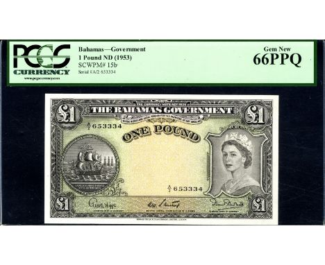 Bahamas P 15b Linzmayer B114b The Bahamas Government 1 Pound (1954). Ship seal at left portrait of Queen Elizabeth II at righ