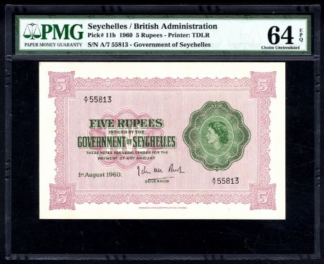 Seychelles P 11b Linzmayer B118b Government of Seychelles 5 Rupees 1 August 1960. Portrait of Queen Elizabeth II at right on 