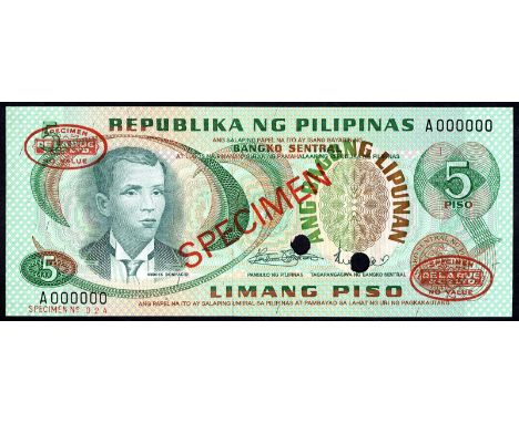 Philippines P 143s2 Bangko Central ng Pilipinas 5 Piso -1969 SPECIMEN. Portrait of A. Bonifacio at left bank seal type 3 at l