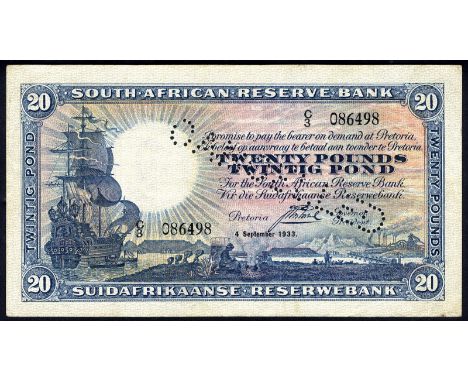 South Africa P 88bs South African Reserve Bank 20 Pounds 4 September 1933 SPECIMEN. Sailing ship at left on front. Signature 
