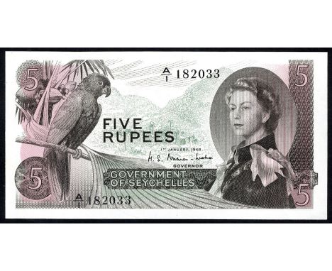 Seychelles P 14a Linzmayer B121a Government of Seychelles 5 Rupees 1 January 1968. Seychelles black parrot at left portrait o