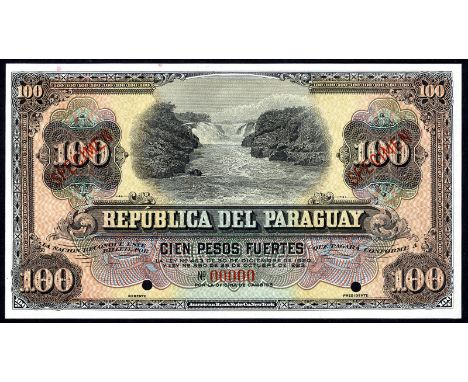 Paraguay P 152s Republica del Paraguay 100 Pesos L.1920 & 1923 SPECIMEN. Guaira waterfall at center on front. Coat of arms of