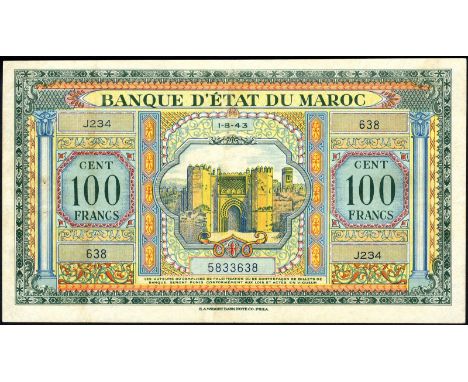 Morocco P 27a Linzmayer B221b Banque d'État du Maroc 100 Francs 1 August 1943. Bab Chorfa (Gate of the Nobles) in Fez at cent