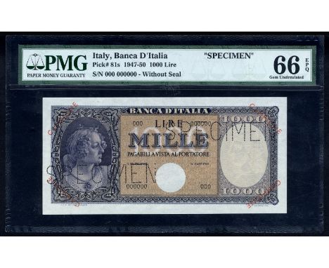 Italy P 81s Gavello BC 54 ALFA BI.696 Banca d'Italia. 1 000 Lire (1947-50) SPECIMEN. Portrait of ''Italia'' at left on front.