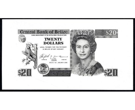 Belize P 69bp Linzmayer B327b Central Bank of Belize 20 Dollars 1 January 2005 FRONT PROOF. Jaguar in tree at left portrait o