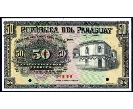 Paraguay P 151s Republica del Paraguay 50 Pesos L.1920 & 1923 SPECIMEN. Municipal theater at right on front. Coat of arms of 