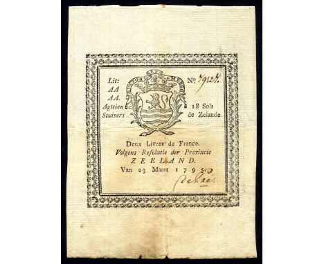 Netherlands Plomp 1090.7 AV NL P B98 Batave Republic Provincie Zeeland 18 Stuivers (Sols) 23 March 1795. Coat of arms of the 