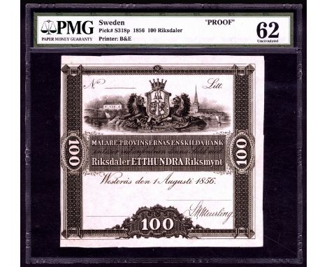Sweden P S318p Malare Provinsernas Enskilda Bank 100 Riksdaler 1 August 1856 PROOF. Coat of arms at upper center on front. PM