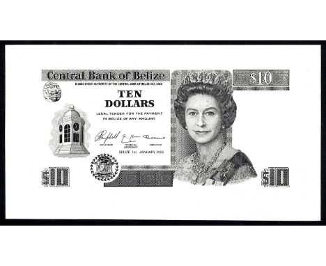 Belize P 68bp Linzmayer B326b Central Bank of Belize 10 Dollars 1 January 2005 FRONT PROOF. Belize City Court House clock tow