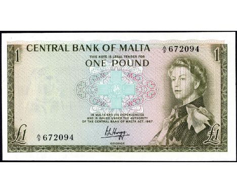 Malta P 29a Linzmayer B202a Central Bank of Malta 1 Pound L.1967. George Cross at center portrait of Queen Elizabeth II at ri
