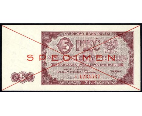Poland P 135s Linzmayer B825as Milczak 135Wd Narodowy Bank Polski 5 Zlotych 1 July 1948 SPECIMEN. Coat of arms of Poland at u