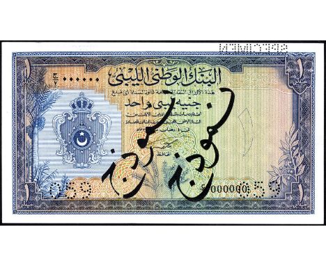 Libya P 20s Linzmayer B302as National Bank of Libya 1 Pound L.1955 SPECIMEN. Coat of arms of Libya at left on front. Al Aneiz