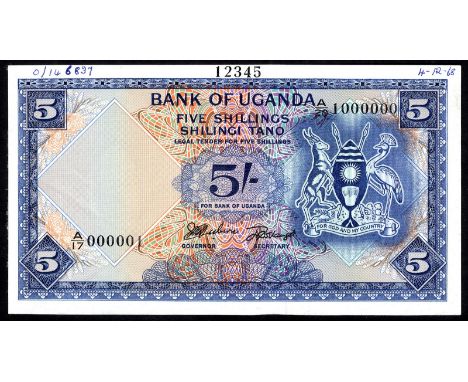 Uganda P 1s Linzmayer B101 Bank of Uganda 5 Shillings -1966 SPECIMEN. Coat of arms of Uganda at right on front. Signatures Mu