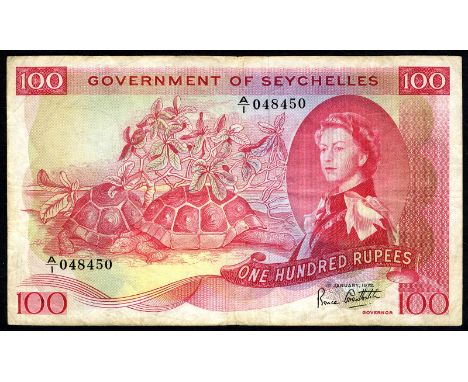 Seychelles P 18c Linzmayer B125c Government of the Seychelles 100 Rupees 1 January 1972. Two giant tortoises under a veloutye
