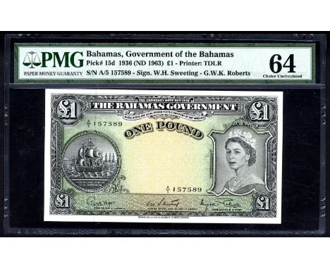 Bahamas P 15d Linzmayer B114d The Bahamas Government 1 Pound (1963). Ship seal at left portrait of Queen Elizabeth II at righ