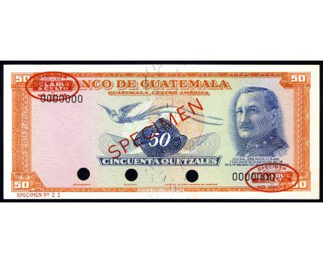 Guatemala P 56s Banco de Guatemala 50 Quetzales (1967-73) SPECIMEN. Portrait of General J. M. Orellana at right on front. Ban