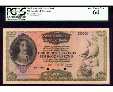 South Africa P 100s South African Reserve Bank 100 Pounds ND SPECIMEN. Portrait of Jan van Riebeeck at left sailing ship at r