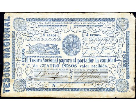 Paraguay P 16 El Tesoro Nacional 4 Pesos (1862). Oxen with plow at left coat of arms of Paraguay at center on front. # 36722.