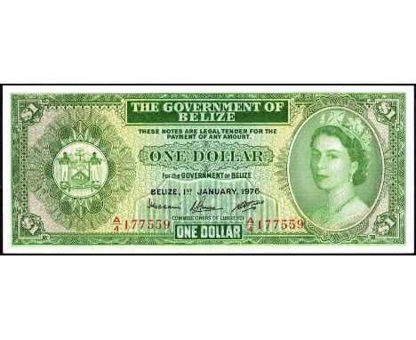 Belize P 33c Linzmayer B101c The Government of Belize 1 Dollar 1 January 1976. Coat of arms of Belize at left portrait of Que
