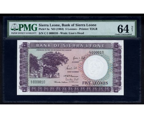 Sierra Leone P 3a Linzmayer B103a Bank of Sierra Leone 5 Leones -1964 LOW SERIAL NUMBER 10. Cotton Tree and Law Court buildin