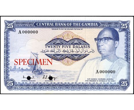 Gambia P 7s Linzmayer B204bs2 Central Bank of the Gambia 25 Dalasis (1972-83) SPECIMEN. Sailboat on River Gambia at left port