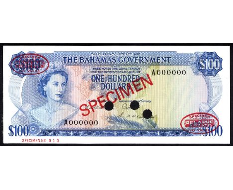 Bahamas P 25s Linzmayer B124bs The Bahamas Governnet 100 Dollars L.1965 SPECIMEN. Portrait of Queen Elizabeth II at left on f