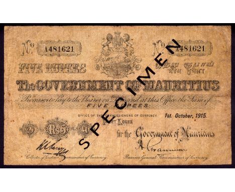 Mauritius P 16s The Government of Mauritius 5 Rupees 1 October 1915 SPECIMEN. Coat of arms at upper center on front. Diagonal