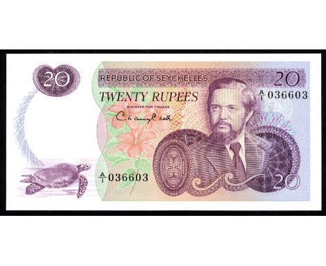 Seychelles P 20a Linzmayer B202a Republic of Seychelles 20 Rupees (1977). Sea Tortoise at lower left portrait of President J.