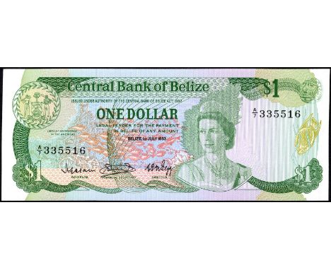 Belize P 43 Linzmayer B301a Central Bank of Belize 1 Dollar 1 July 1983. Coat of arms of Belize at upper left portrait of Que