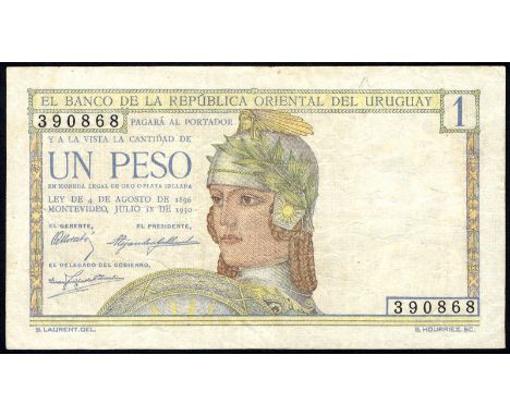 Uruguay P 17a El Banco de la Republica Oriental del Uruguay 1 Peso 18 July 1930. Woman with helmet at center on front. Indian