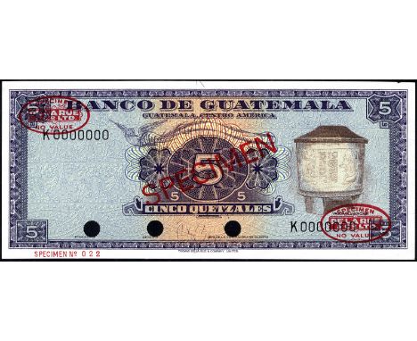 Guatemala P 53s Banco de Guatamala 5 Quetzales (1964-71) SPECIMEN. Vase ''Vasija de Uaxactum'' on front. Mayan-Spanish battle