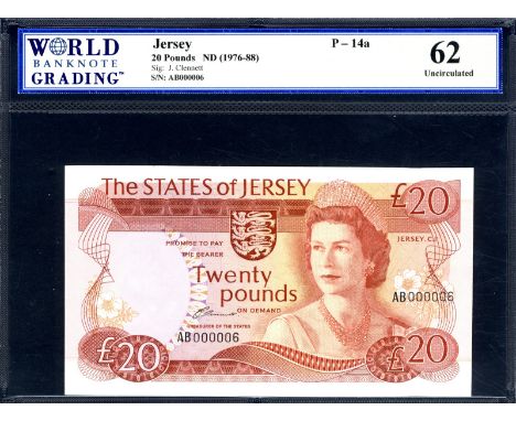 Jersey P 14a Linzmayer B114a The States of Jersey 20 Pounds (1976-88) LOW SERIAL NUMBER 000006. Coat of arms of Jersey at upp