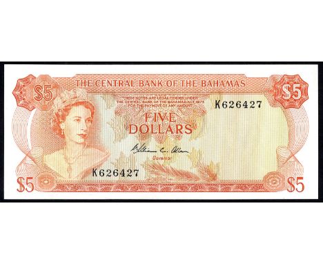 Bahamas P 37b Linzmayer B302b The Central Bank of the Bahamas 5 Dollars L.1974. Portrait of Queen Elizabeth II at left on fro