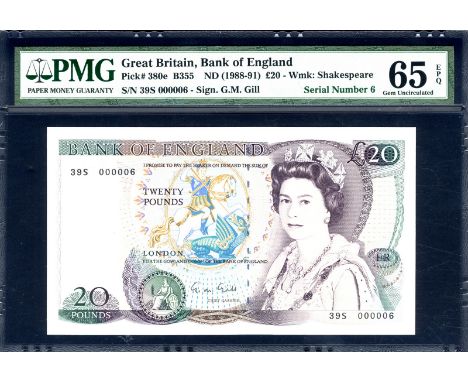 Great Britain P 380e Duggleby B355 Bank of England 20 Pounds (1988-91) SERIAL NUMBER 000006. Portrait of Queen Elizabeth II a