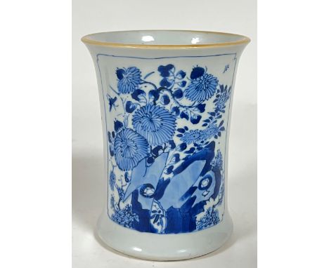 A Kangxi style (and possibly period) Chinese blue and white porcelain vase/brush pot, decorated with two panels of floral sce